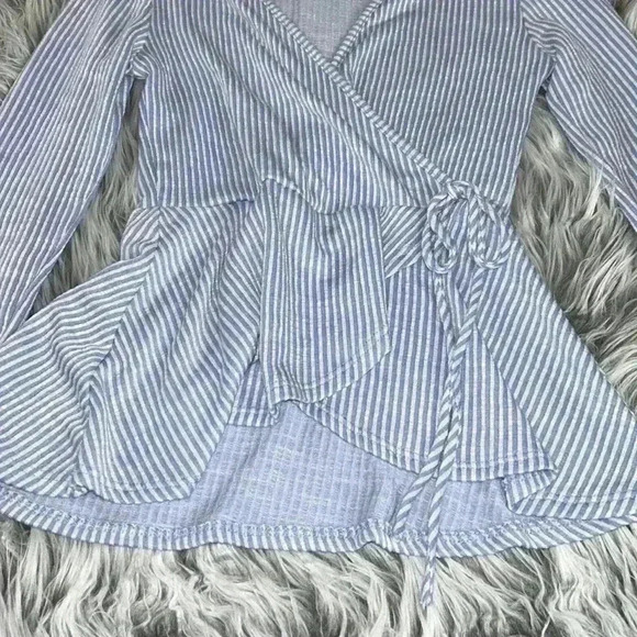 Caution To The Wind Long Sleeve Blue Stripe Wrap Top W/ Tie Waist, - Picture 4 of 8